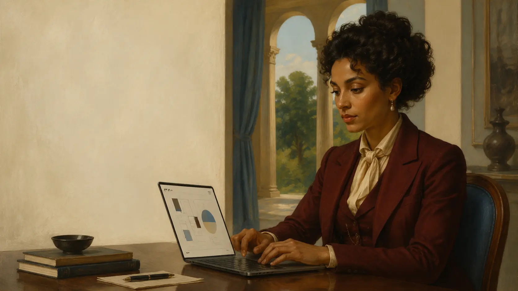 Pintura clássica de uma executiva de terno vinho trabalhando num laptop moderno