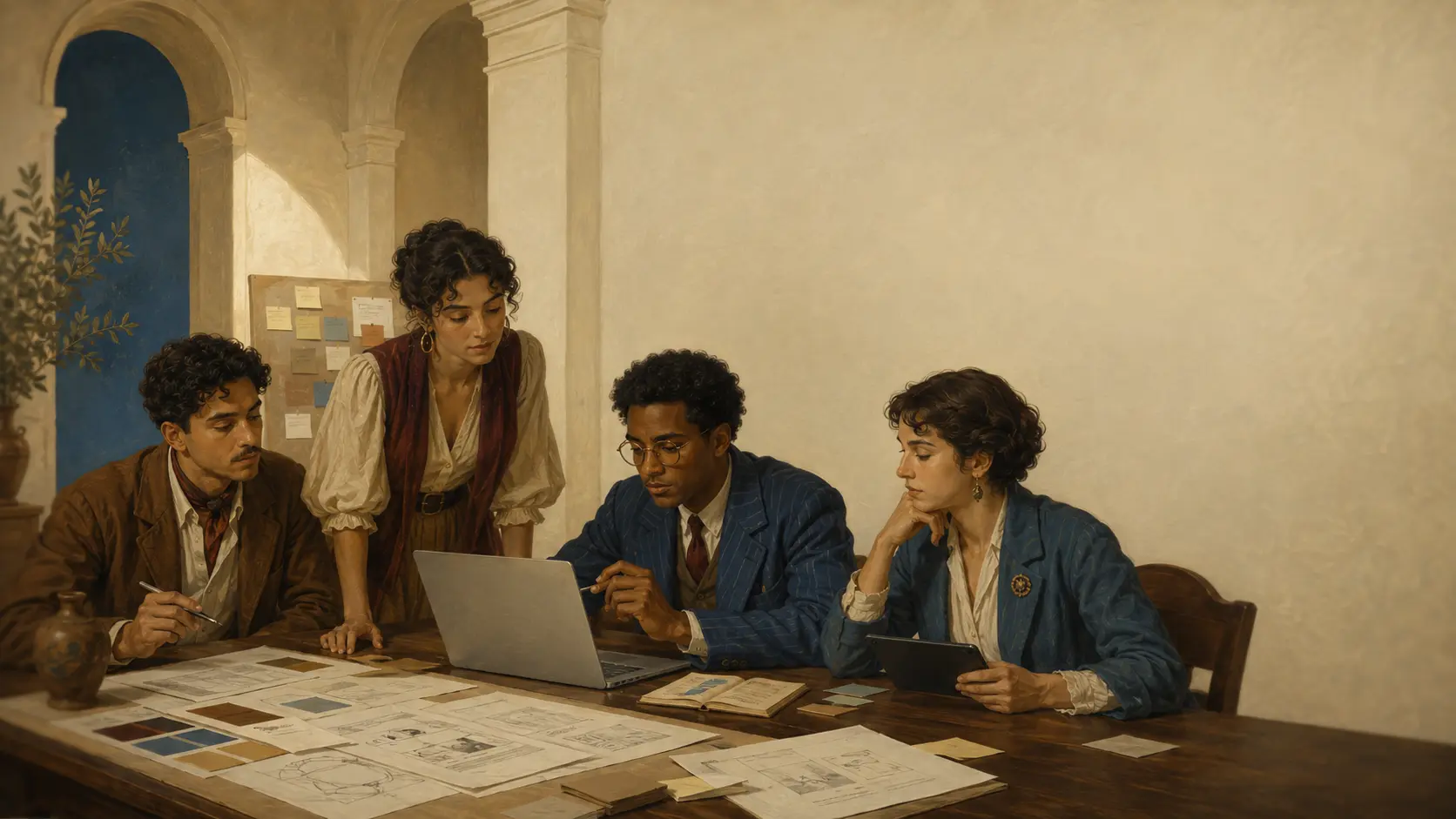Pintura clássica de uma equipe diversa reunida em torno de um laptop, com referências na mesa