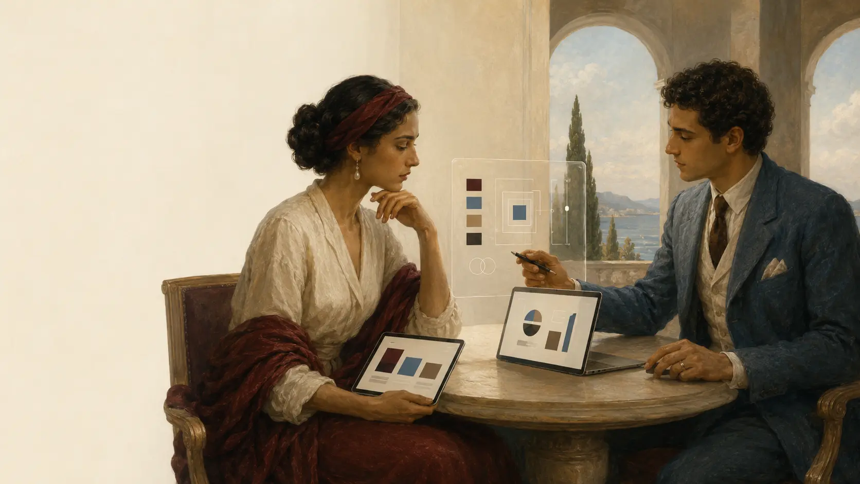 Pintura clássica de duas pessoas à mesa discutindo uma proposta num tablet e num laptop