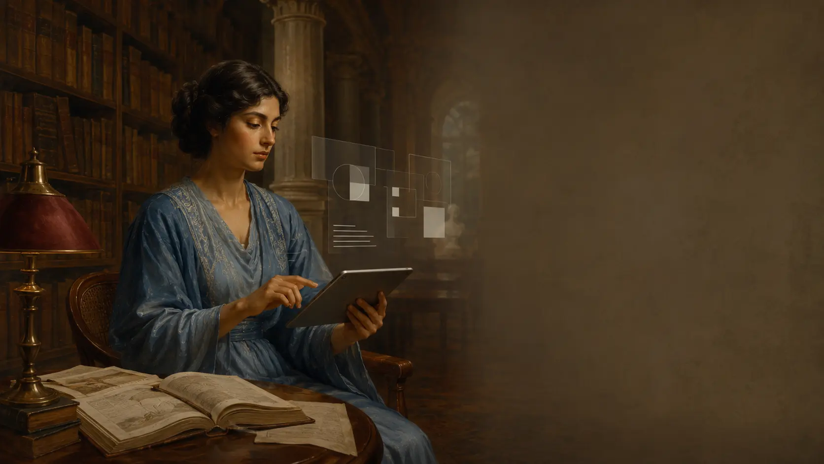 Pintura clássica de uma mulher de azul consultando um tablet numa biblioteca