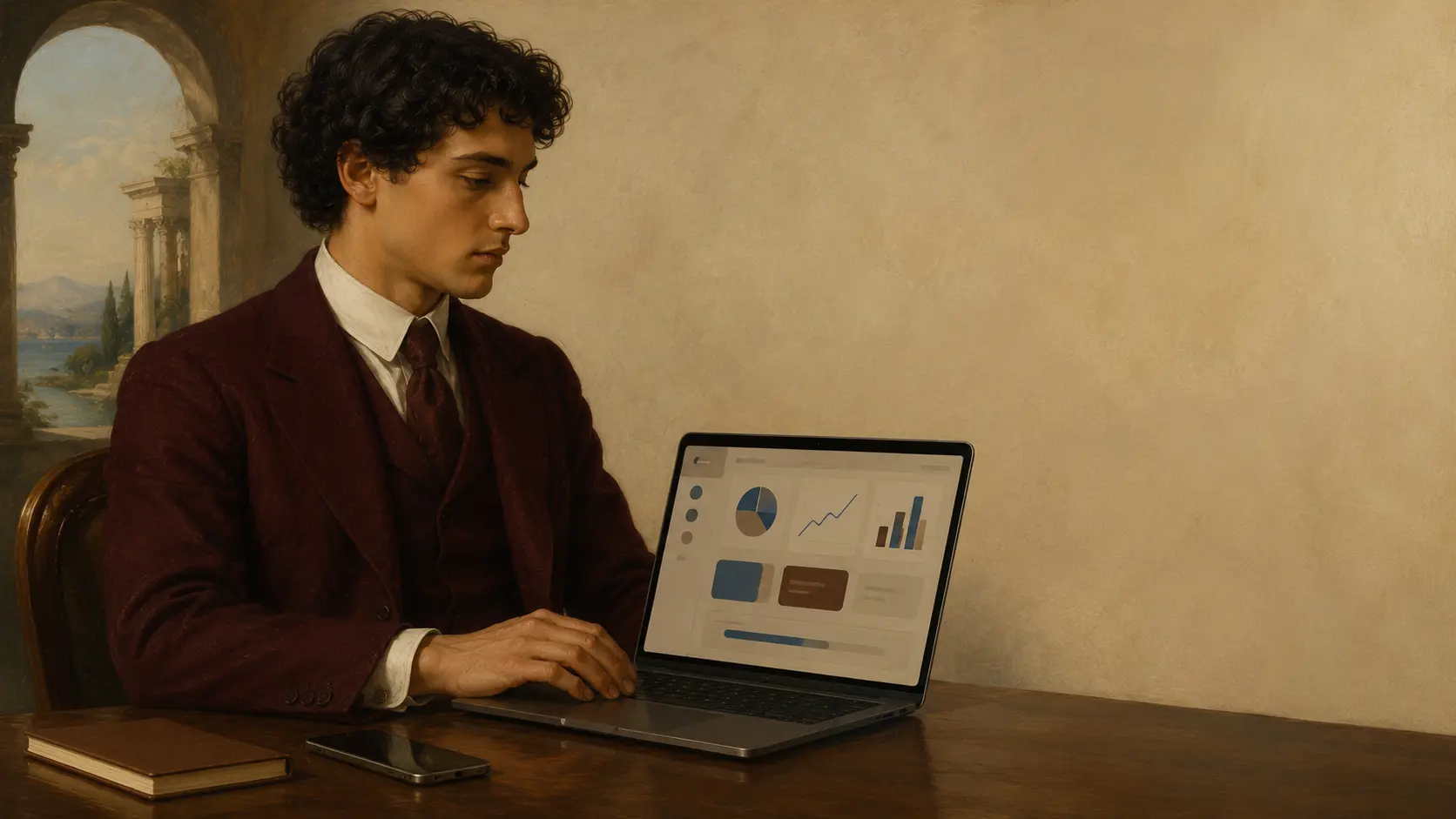 Pintura clássica de um homem analisando gráficos financeiros num monitor