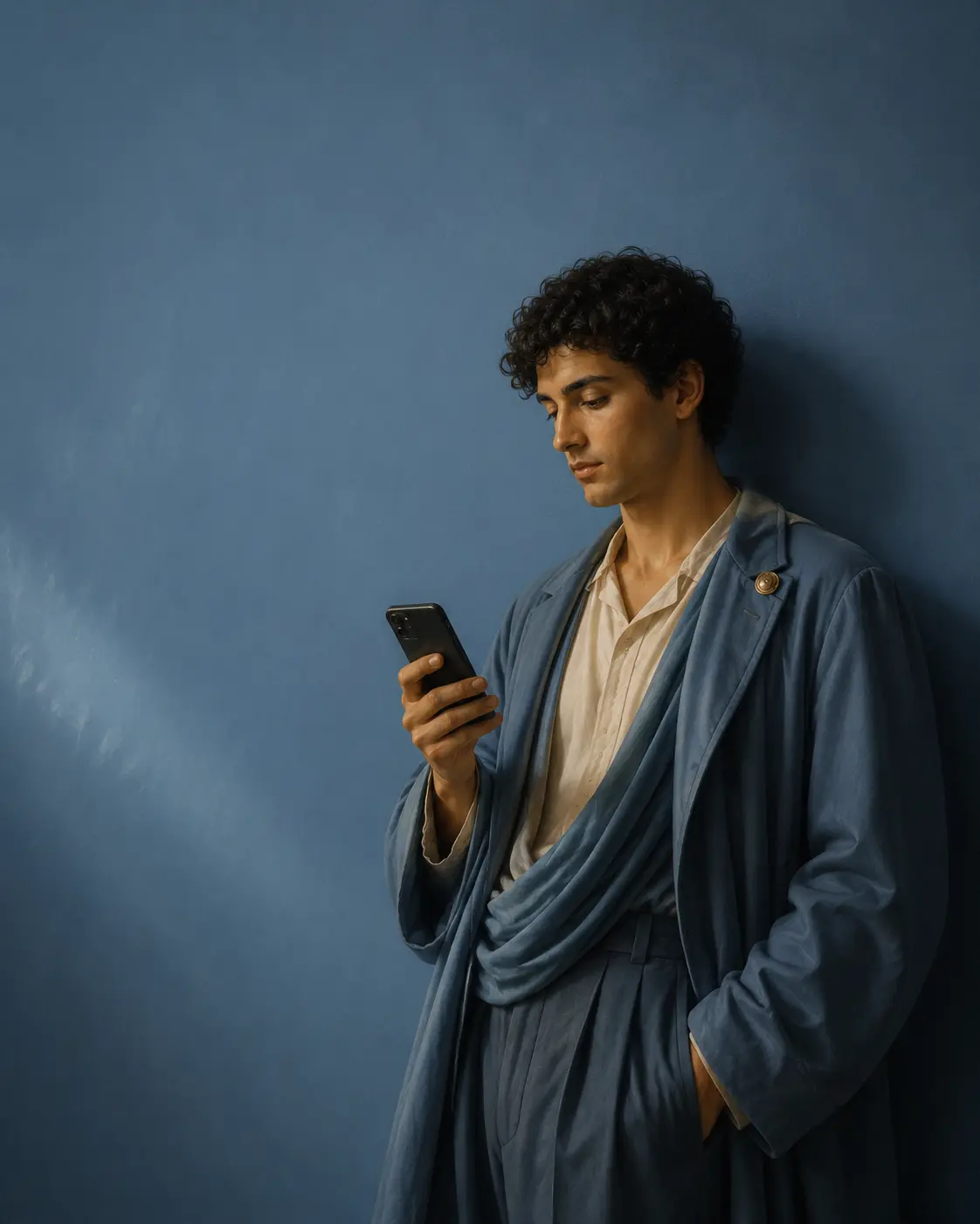 Pintura clássica de um homem de azul consultando um smartphone