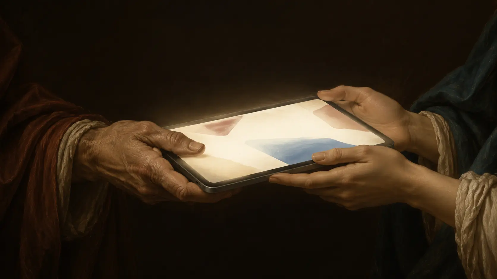 Pintura em claro-escuro de mãos segurando um tablet iluminado